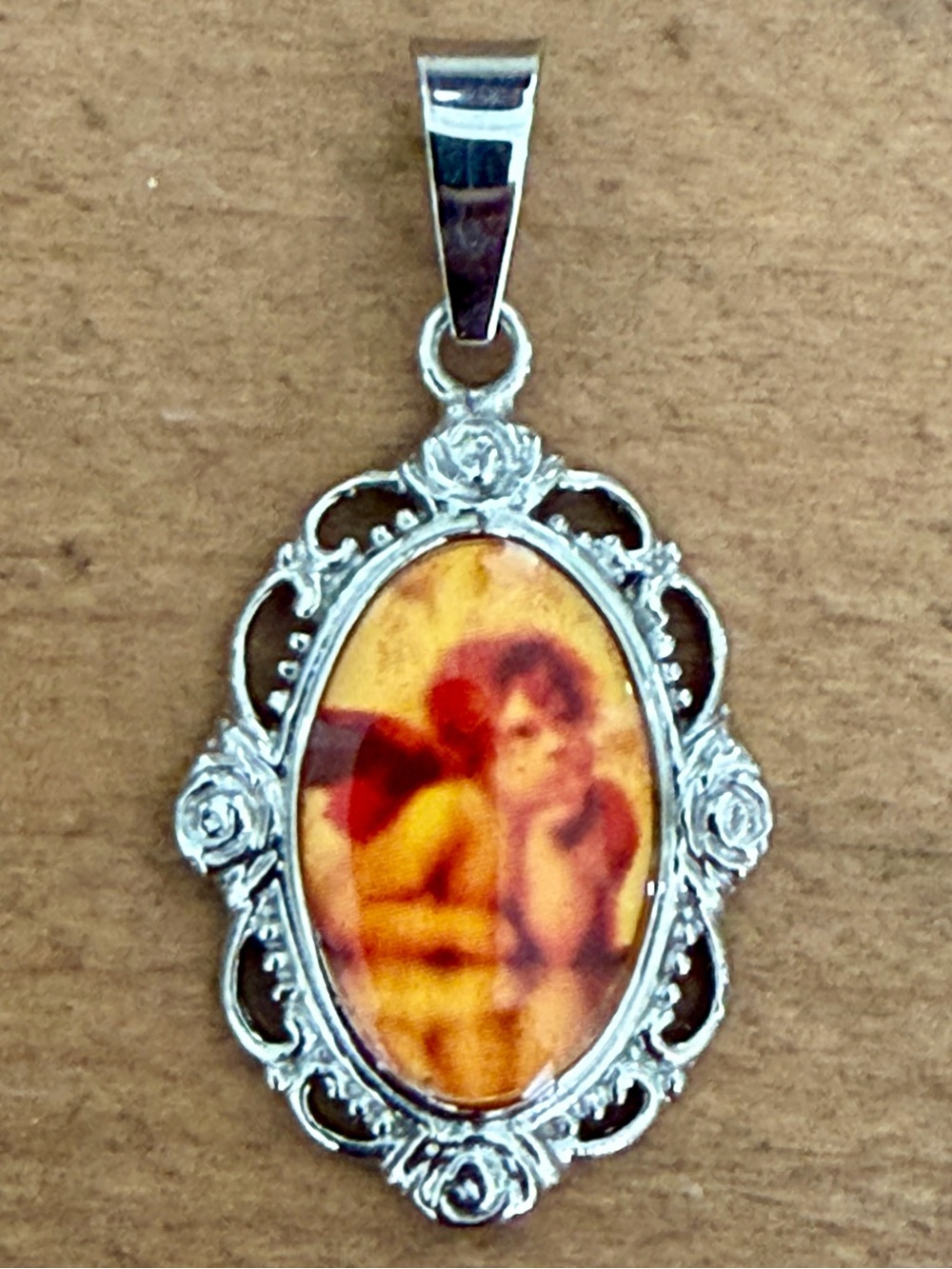 VINTAGE STYLE STAINLESS STEEL CHERUB PENDANT OVAL RAPHAEL ANGEL FILIGREE 1 3/8"